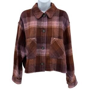 For the Republic Cropped Shacket WMNS L Brown Purple Plaid Flannel Rustic Cozy